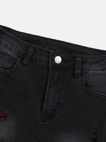 SHEIN 男大童破洞拼接面牛仔褲 - 黑色 - 查看 3