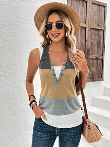 EMERY ROSE 撞色紐扣細節二合一背心上衣 - 卡其色 - 查看 4