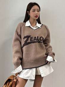 DAZY Áo len tay Raglan họa tiết chữ không kèm áo - Màu Khaki - Xem 1