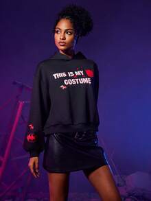 BATMAN X SHEIN Slogan Graphic Drop Shoulder Hoodie - Black - View 3