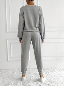 EURMUSE Heart Embroidery Drop Shoulder Sweatshirt & Sweatpants - Light Grey - View 2