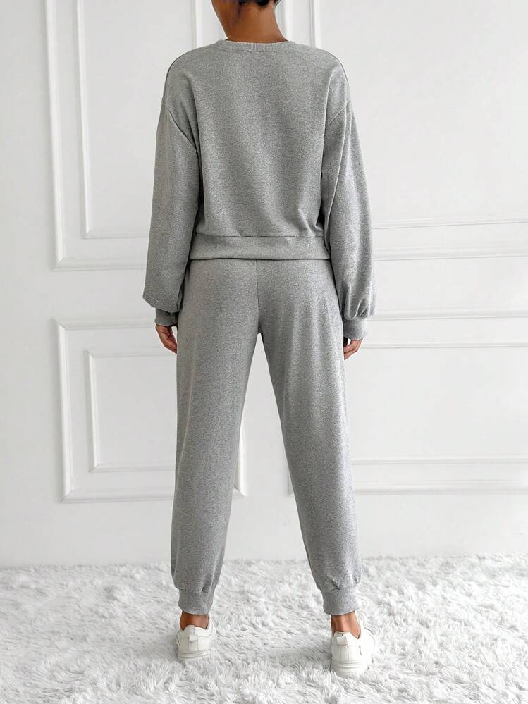 EURMUSE Heart Embroidery Drop Shoulder Sweatshirt & Sweatpants - Light Grey - View 2