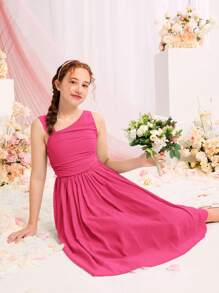 SHEIN Teen Girl Ruched Asymmetrical Neck Dress - Hot Pink - View 4