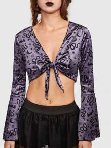 ROMWE Goth 蛇印花前繫帶鐘形袖短款上衣 - 紫色 - 查看 4