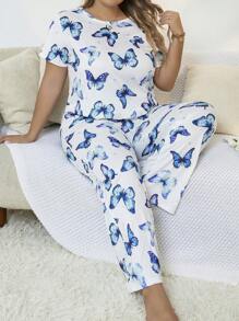 大碼滿版蝴蝶圖案睡衣套裝 - 白色 - 查看 5