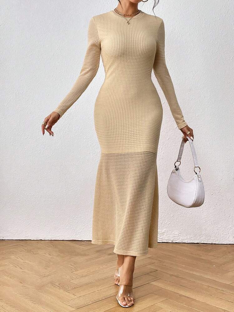 SHEIN LUNE 素色華夫格編織魚尾裙下擺洋裝 - 卡其色 - 查看 4