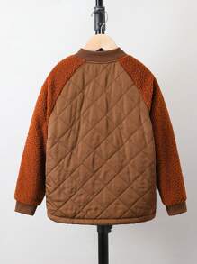 Tween Boy 1pc Contrast Teddy Raglan Sleeve Baseball Collar Zipper Front Quilted Coat - Brown - View 2