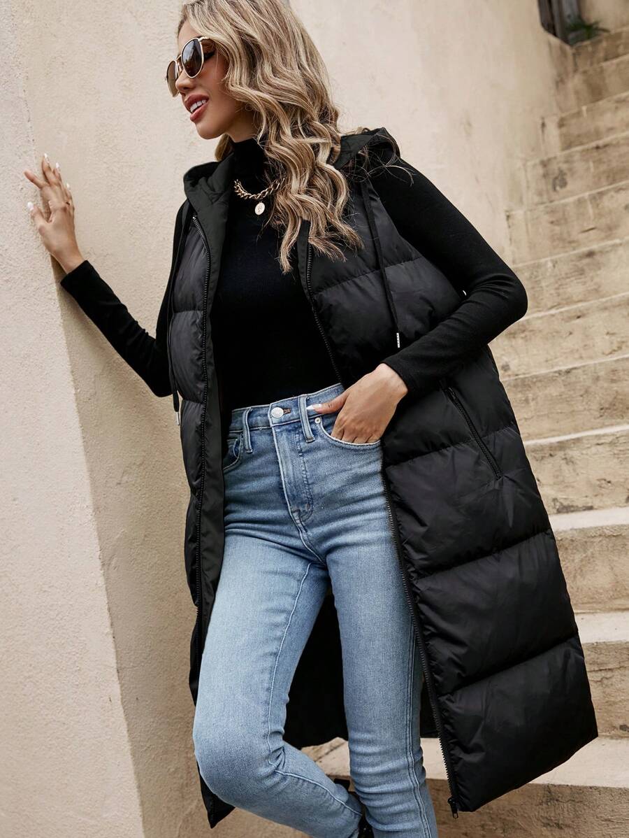 SHEIN Frenchy Solid Hooded Quilted Padded Warm Vest Coat - Black - View 1