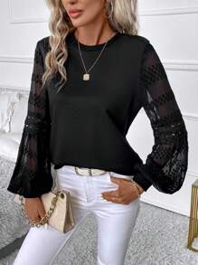 SHEIN Clasi 蕾絲拼接燈籠袖運動衫 - 黑色 - 查看 1