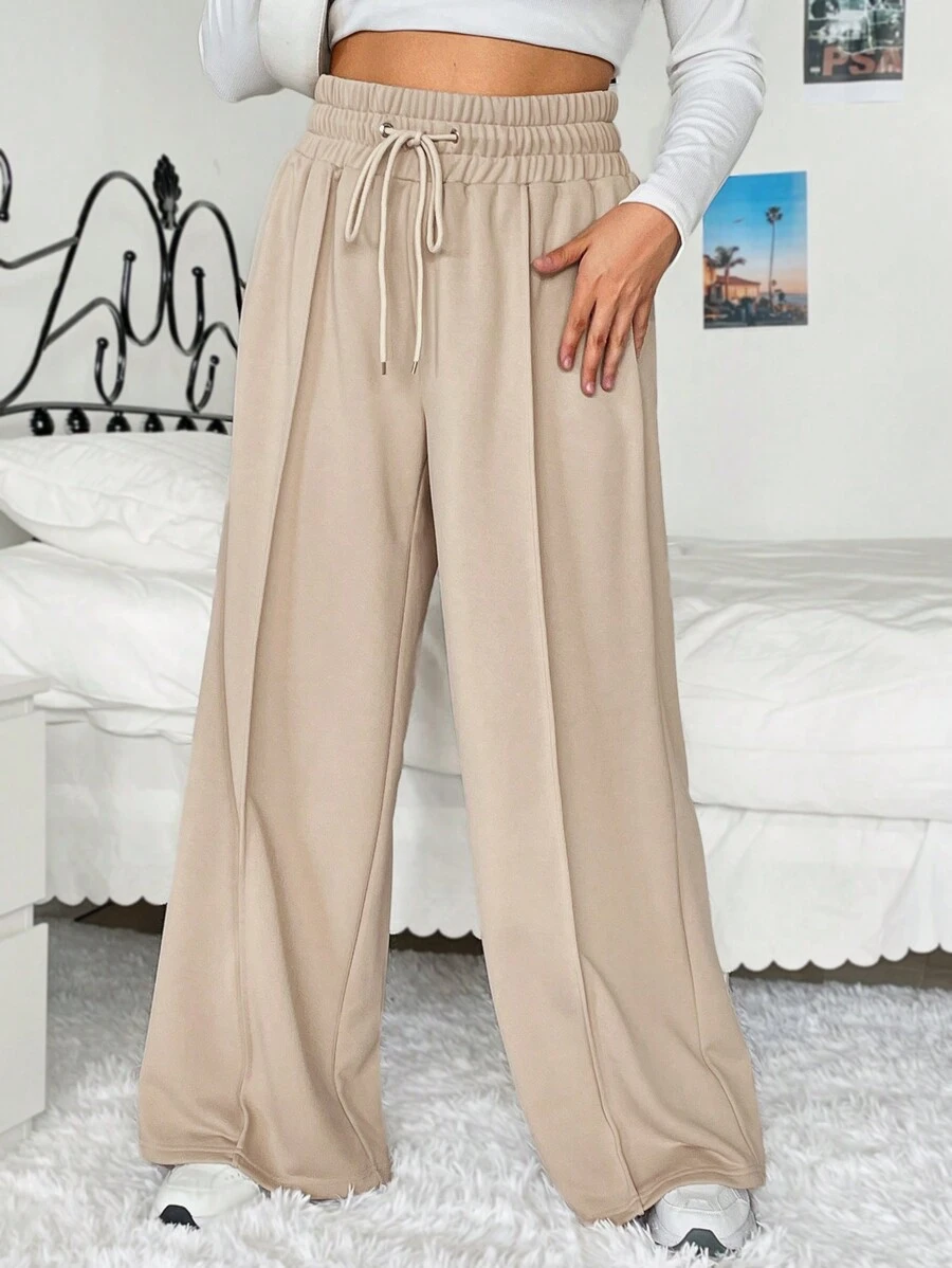 SHEIN EZwear Plus Drawstring Waist Wide Leg Sweatpants Graduation,Back To School Outfits,Graduation,Teacher Outfits For Women,Back To School - Khaki - View 1