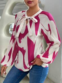 SHEIN Essnce Graphic Print Tie Neck Lantern Sleeve Blouse - Hot Pink - View 3