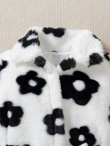 SHEIN Young Girl 1pc Floral Pattern Belted Teddy Coat - Black and White - View 6