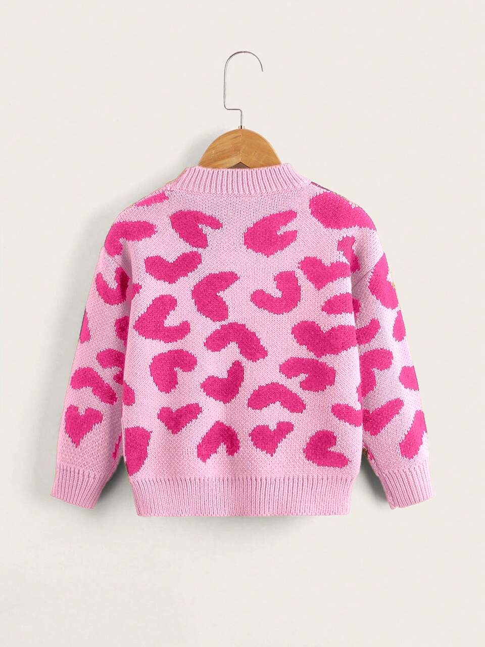Young Girl Valentine's Day Pink & Fuchsia Pink Leopard Animal Pattern Heart & Wave Soft Pullover Sweater, Suitable For Home, School, New Year, Outdoor