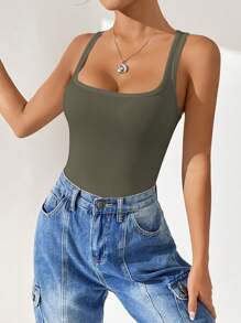 Muchica 素色方領背心連體衣 - 墨綠色 - 查看 3