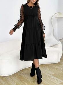 SHEIN 休閒網拼接 荷葉邊 多層分層圓點孕婦連身裙 - 黑色 - 查看 3