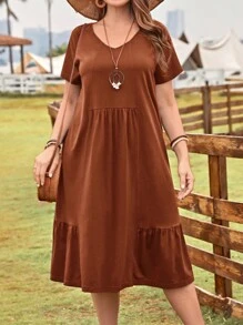 EMERY ROSE Plus Solid Ruffle Hem Smock Dress - Brown - View 1