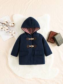 Baby Boy Flap Pocket Hooded Duffle Overcoat - Navy Blue - View 1