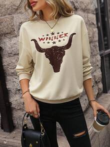 SHEIN LUNE 字母圖案落肩袖運動衫 - 杏色 - 查看 6