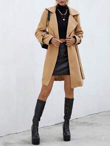 SHEIN Privé Tương phản ràng buộc Thắt lưng Áo khoác - Màu Khaki - Xem 6