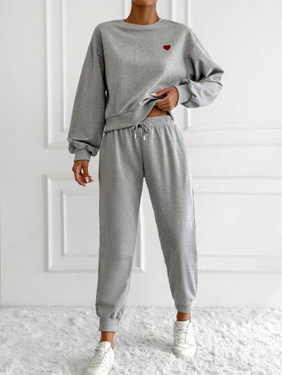 EURMUSE Heart Embroidery Drop Shoulder Sweatshirt & Sweatpants