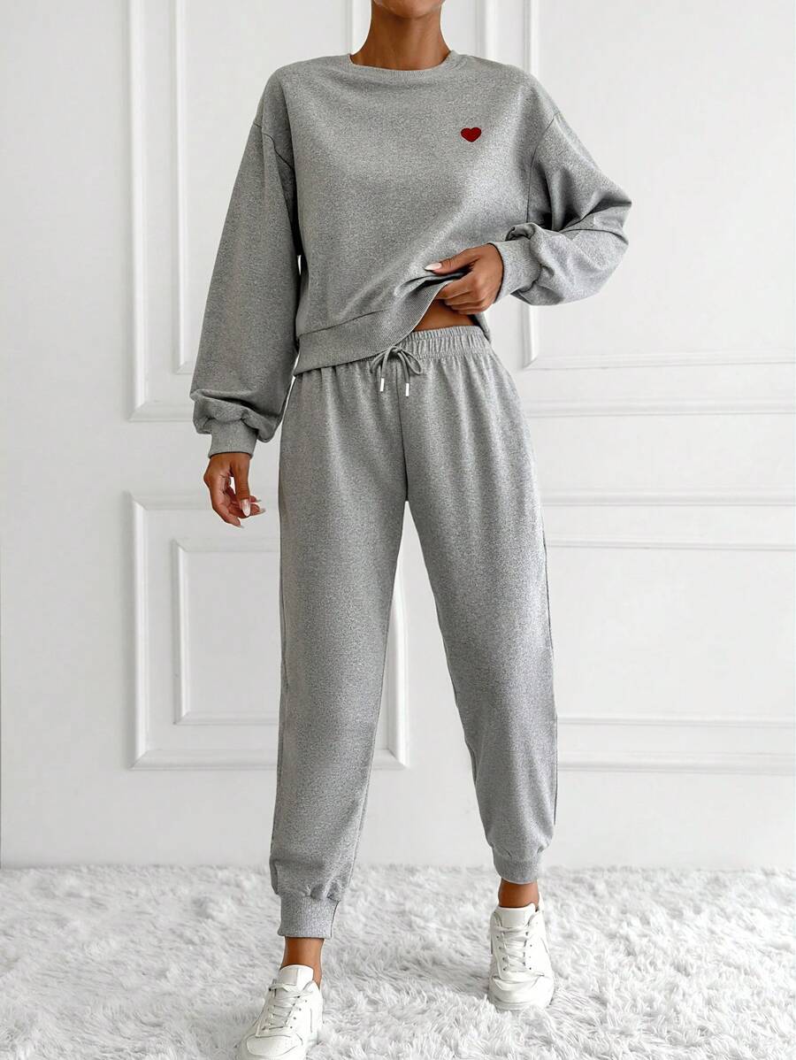 EURMUSE Heart Embroidery Drop Shoulder Sweatshirt & Sweatpants - Light Grey - View 1