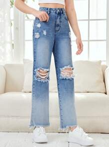 SHEIN 青少年女孩破洞毛邊牛仔喇叭褲 - 中等水洗藍 - 查看 3