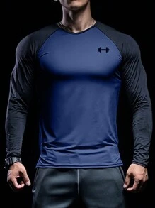 Gym Rark 男友风男士字母印花插肩袖运动T恤长袖衬衫健身上衣秋季透气修身衬衫圆领压缩衬衫 - 藍色 - 查看 3