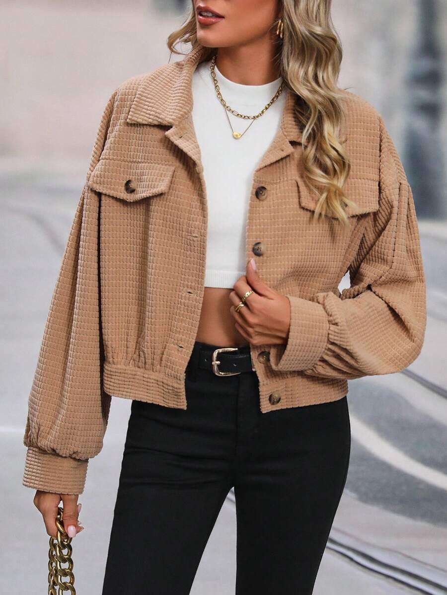 SHEIN Unity Flap Detail Drop Shoulder Jacket - Khaki - View 1