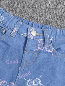 SHEIN Young Girl Letter and Butterfly Print Jeans - Medium Wash - View 3