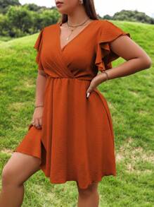 SHEIN Holidaya Hơn áo tay bướm Cổ áo Chồng chéo Đầm - trái cam - Xem 4