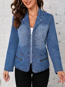 SHEIN LUNE Zip Up Denim Jacket - Medium Wash - View 1