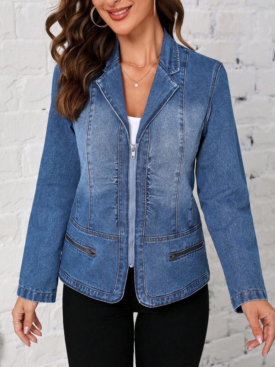 SHEIN LUNE Zip Up Denim Jacket - Medium Wash - View 1