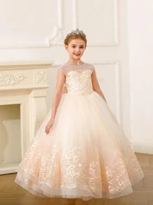 少女無袖蕾絲香檳色公主裙,帶蓬蓬裙,適用於展示和演出