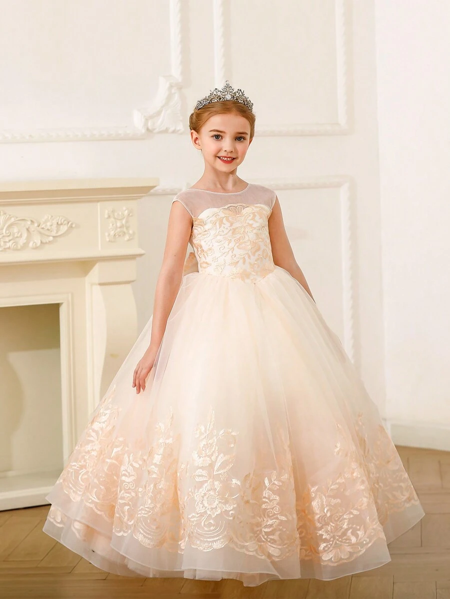 少女無袖蕾絲香檳色公主裙,帶蓬蓬裙,適用於展示和演出