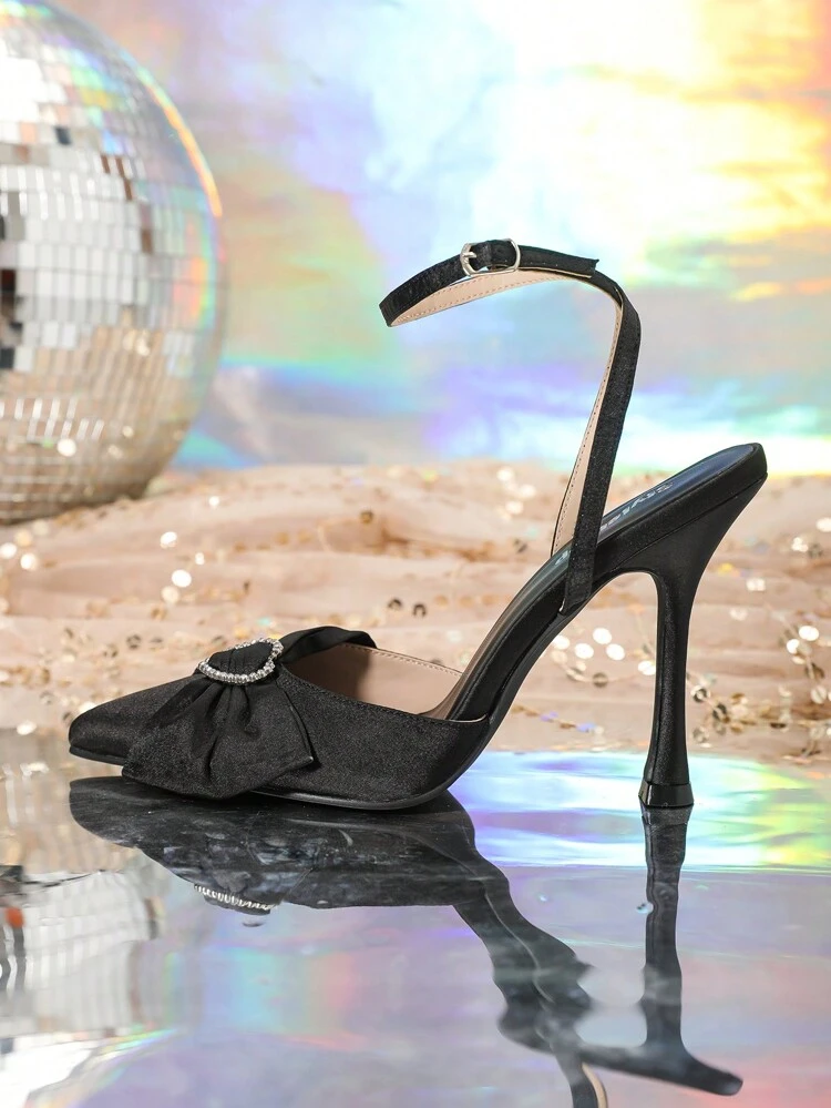 Black Heart Shaped Rhinestone Buckle Party High Heels