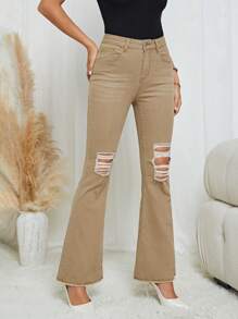 SHEIN LUNE Jeans de pierna amplia desgarro - Caqui - Ver 5