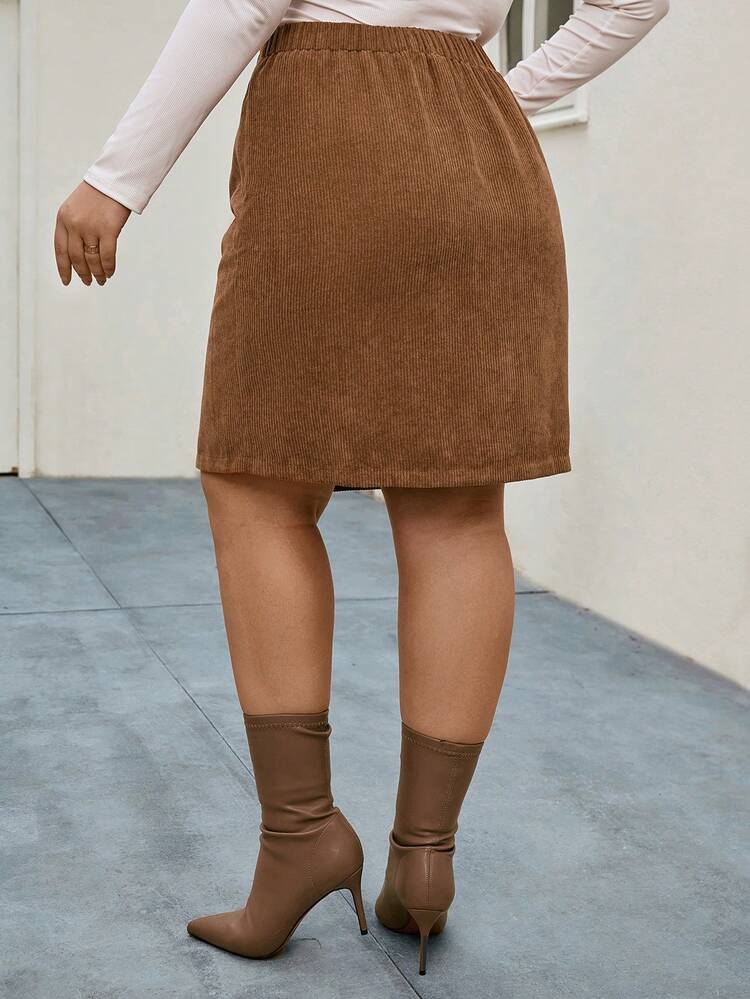 Plus Button Front Corduroy Straight Skirt