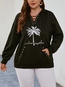 SHEIN LUNE Plus Coconut Tree Print Lace Up Front Drop Shoulder Hoodie - Black - View 4