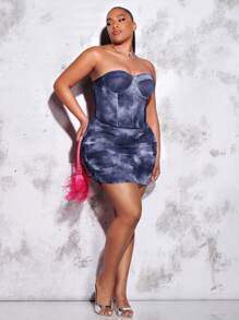 SHEIN BAE Váy Plus Size Xù Cà vạt nhuộm Gợi cảm - Xanh và trắng - Xem 4