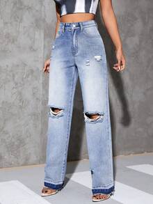 SHEIN Essnce Ripped Straight Leg Jeans - Medium Wash - View 4