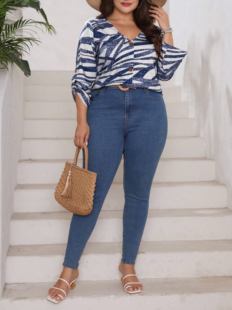 SHEIN LUNE 大碼滿版印花前紐扣襯衫 - 藏蓝色 - 查看 5