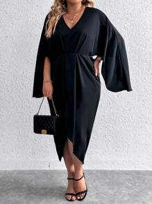 Celure Hơn Chất rắn tay cánh Váy Wrap Hem - màu đen - Xem 1