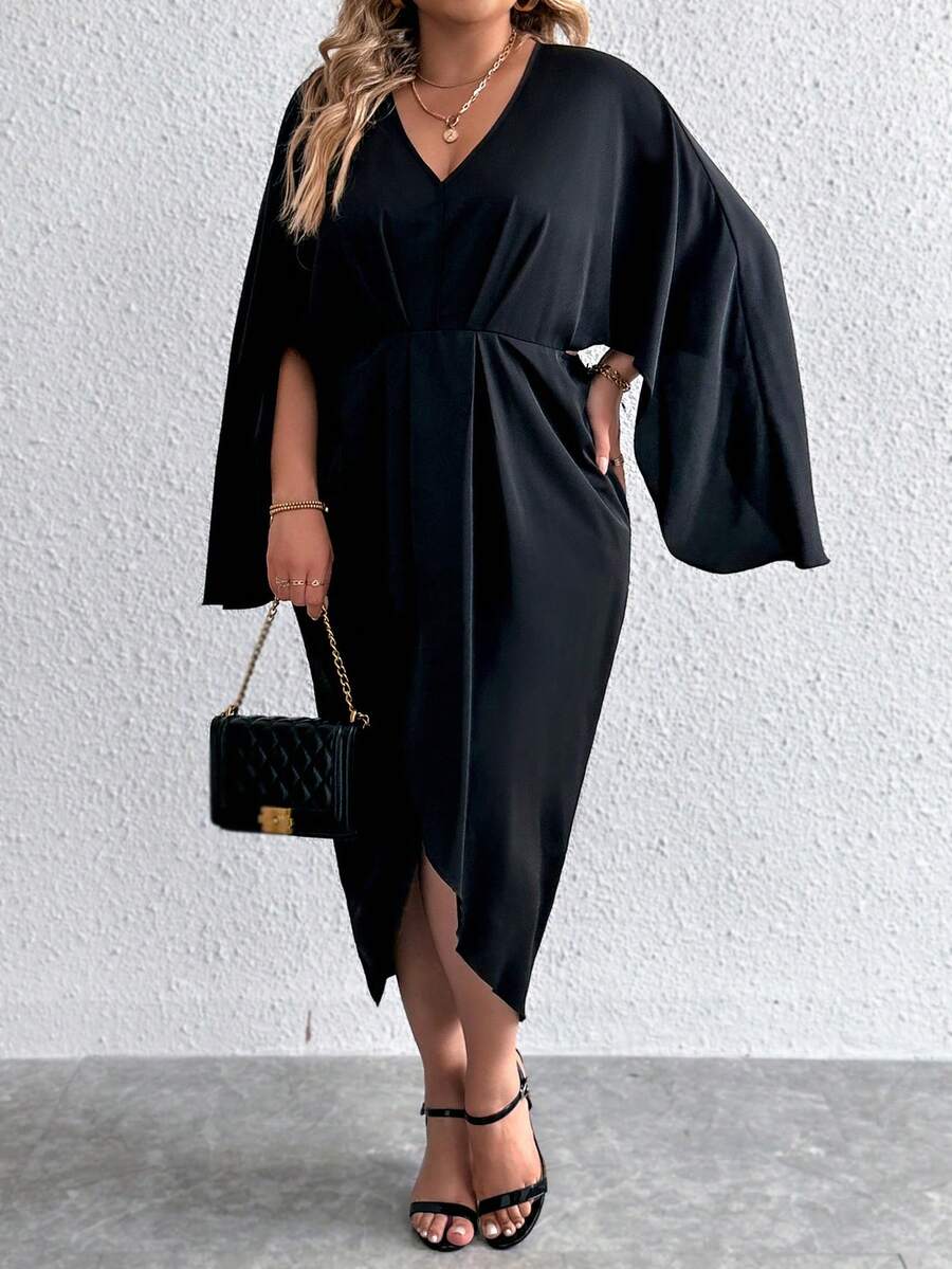 Celure Hơn Chất rắn tay cánh Váy Wrap Hem - màu đen - Xem 1