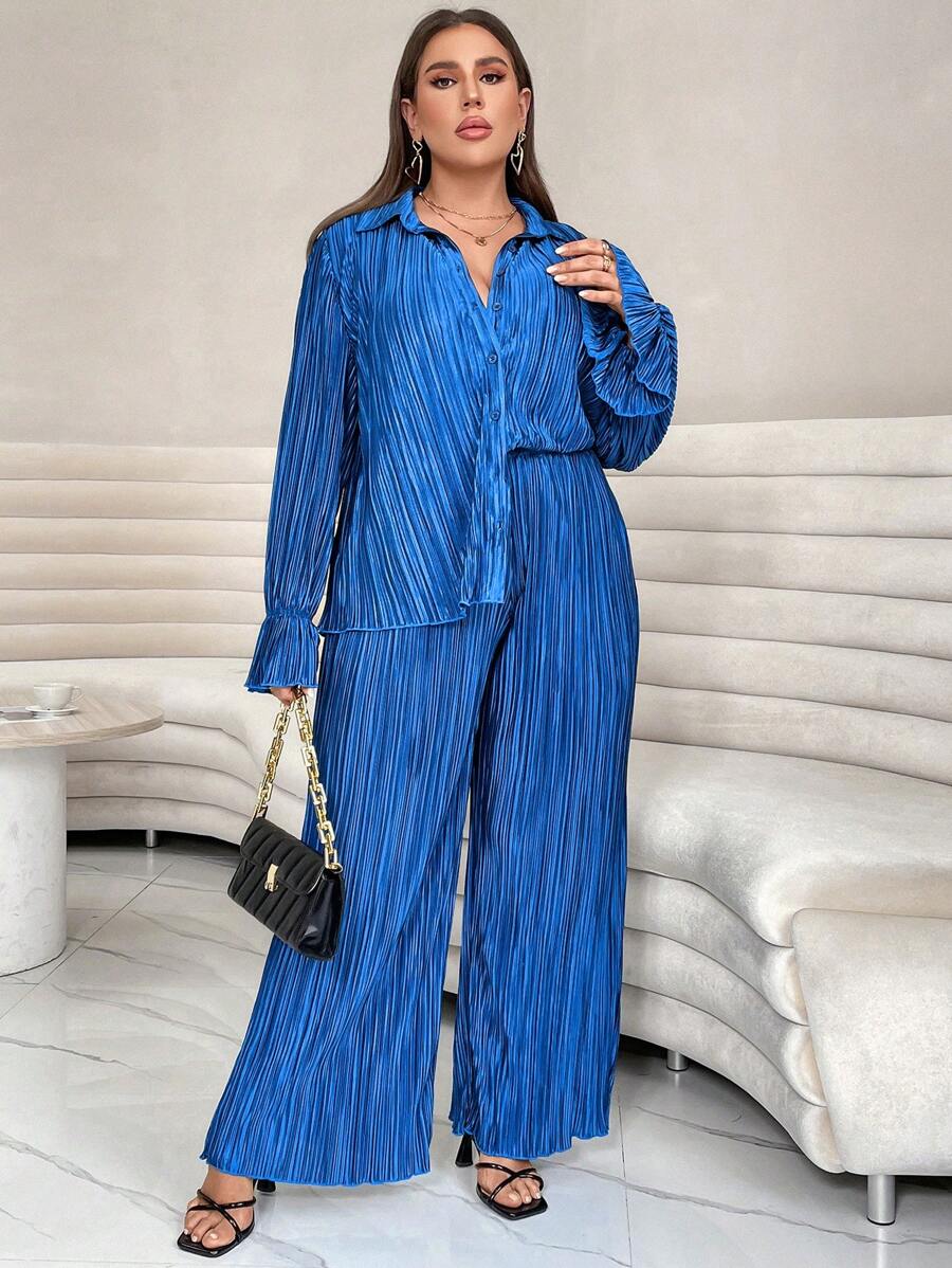 SHEIN Essnce Plus Solid Button Front Shirt & Wide Leg Pants - Blue - View 1