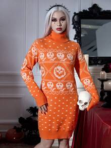 PUNK Halloween Skull Pattern Turtleneck Sweater Dress - Orange - View 3