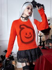 PUNK Áo len chui đầu vai rớt họa tiết Halloween, thích hợp cho mùa thu đông. - trái cam - Xem 4