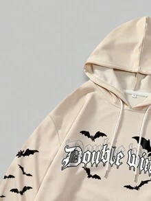 ROMWE MEN Guys Bat Letter Graphic Drawstring Hoodie & Sweatpants - Khaki - View 6