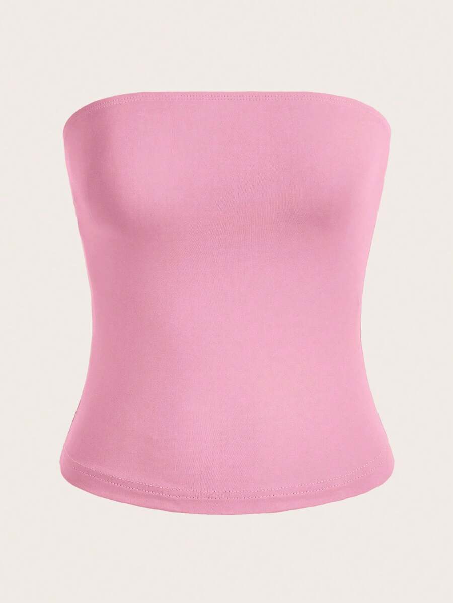 Sweetina Summer Outfit Solid Casual Tube Top - Pink - View 1