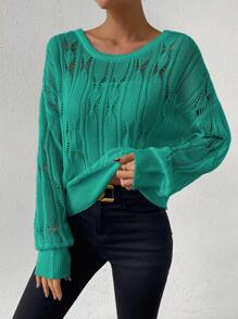 SHEIN Essnce Solid Drop Shoulder Pointelle Knit Sweater - Green - View 3