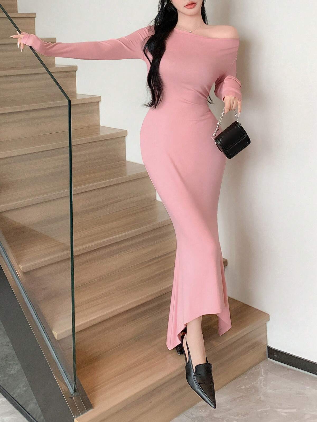 Solid Asymmetrical Neck Mermaid Hem Dress｜DAZY 